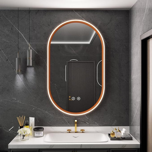 Led Bathroom Mirror with Lights, 24'' x 40'' Oval Heavy Duty Aluminum Frame Bathroom Vanity Mirror with Lights, 3 Colors, Brightness Stepless Dimmable, Anti-Fog, Memory Function, Single LED Orange