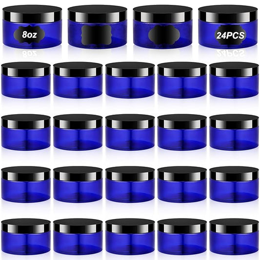 Dandat 24 Pcs 8 oz Plastic Jar Container with Lid and Label Refillable Empty Round Blue with Black Pet Cosmetic Sample Slime Containers for Lotion, Cream, Ointments, Body Butter, Makeup Travel Storage
