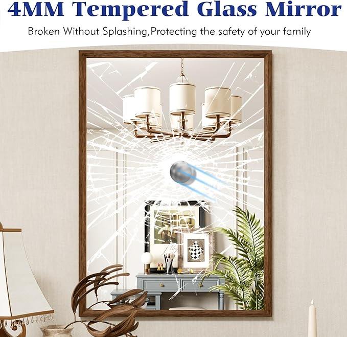 Rectangle Bathroom Mirror 30x36 Inch, Walnut Wood Grain Framed, Anti-Rust & 4mm Tempered Glass, Horizontal/Vertical Hanging Vanity Mirror for Bathroom & Bedroom