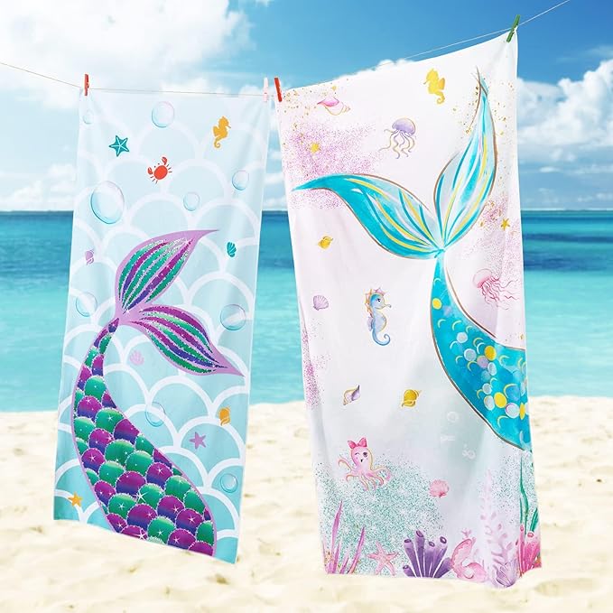 WERNNSAI Mermaid Kids Beach Towel for Girls - 30” x 60” Mermaid Sand Free Swim Towels for Girls Bath Pool Camping Travel Towel Quick Dry Ultra Absorbent Super Soft Beach Blanket Bath Shower Towel