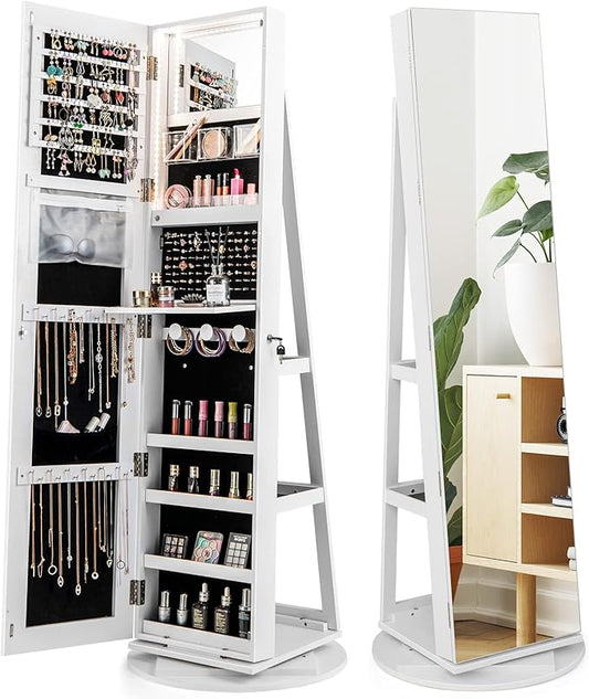 CHARMAID 360Â° Swivel Jewelry Armoire with Full Length Mirror, Rear Storage Shelves, Lockable Standing Jewelry Cabinet Organizer with Interior Vanity Mirror and 3-Color Lights (White)