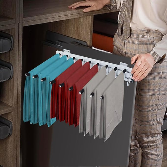 9 Arms Steel Slide Out Pants Rack Closet Pants Hanger Bar Pull Out Trousers Rack Tie Belts Scarf Racks, Wardrobe Clothes Organizers Rail Pull Out Closet Storage Rod-(Right Side Mounts)