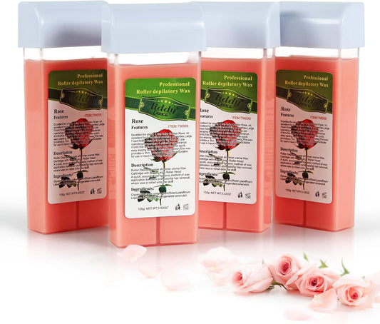 Rose Roll on Hair Removal Wax Refill Cartridges for Sensitive Skin, Rolling Waxing Kit for Women's Body, Legs, Arms at Home - 4 Pack (14.1 OZ)