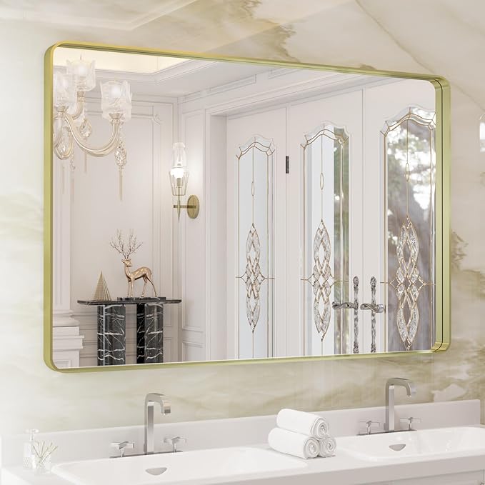 WEER Gold Bathroom Mirror, 40X30 Inch Brushed Gold Metal Frame Mirror, Rounded Rectangle Gold Bathroom Vanity Mirror for Wall, Tempered Glass, Anti-Rust, Hangs Horizontally or Vertically