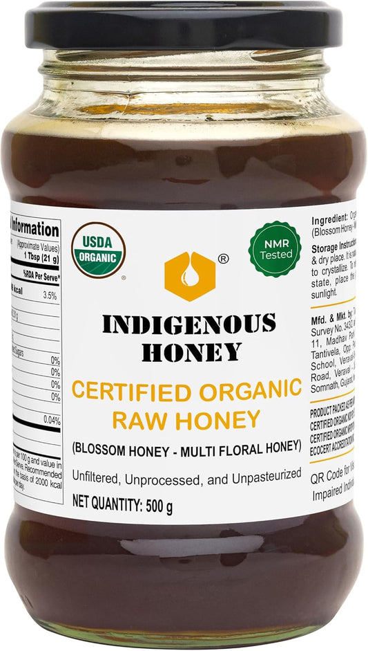 INDIGENOUS HONEY USDA Certified Organic Raw Wild Blossom Honey, Unfiltered Small-Batch Micro-Lot Harvest, Glass Jar, Single-Origin, 17.64 oz
