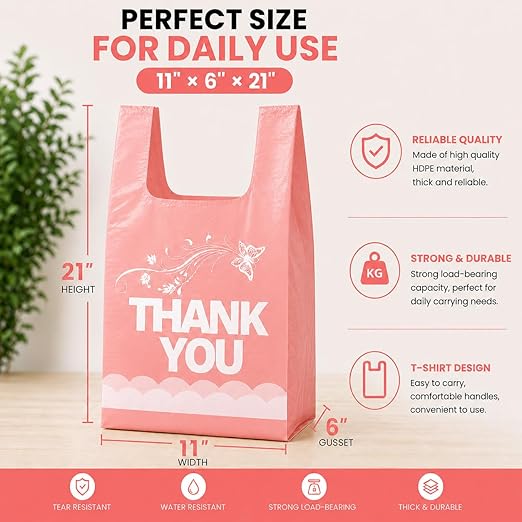 YoYoRain 800 Pack Pink Thank You T-Shirt Bags with Handles, 11"x6"x21" Durable HDPE Plastic Shopping Bags for Grocery, Retail, Takeout & Small Business