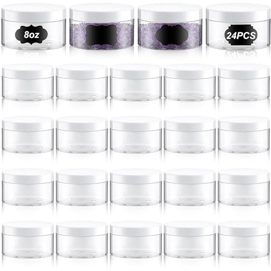 Dandat 24 Pcs 8 oz Plastic Jar Container with Lid and Label Refillable Empty Round Clear with White Pet Cosmetic Sample Slime Containers for Lotion, Cream, Ointment, Body Butter, Makeup Travel Storage