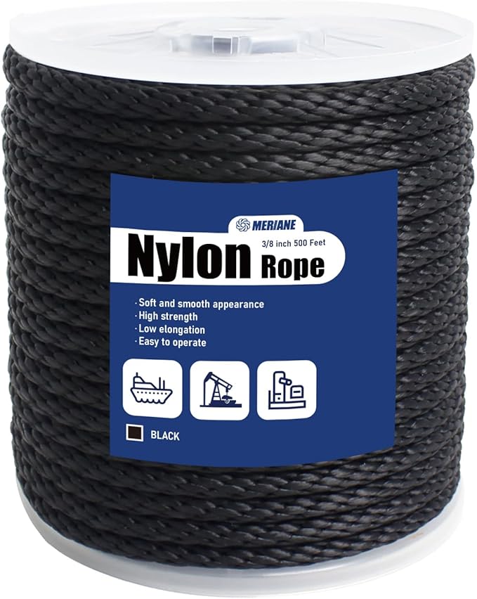 MERIANE Black Nylon Rope 3/8inch 500FT â Multipurpose Solid Braided Rope â Ideal Use for Camping, Clothesline, Marine, Flag Line â Abrasion & UV Resistant â Shock Absorption Rope for Indoor Outdoor