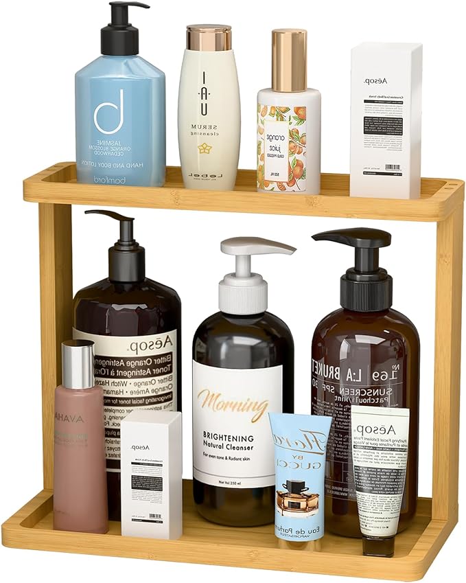 PEKER Bamboo Bathroom Organizer Countertop â Small Vanity Storage Shelf for Makeup, Perfume, Skincare â Natural Cosmetics Display Rack for Dresser, Sink, Kitchen â Natural