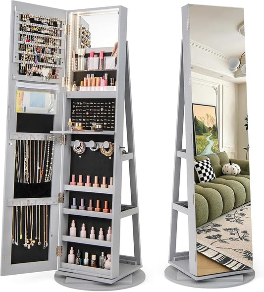 CHARMAID 360Â° Swivel Jewelry Armoire with Full Length Mirror, Rear Storage Shelves, Lockable Standing Jewelry Cabinet Organizer with Interior Vanity Mirror and 3-Color Lights (Gray)