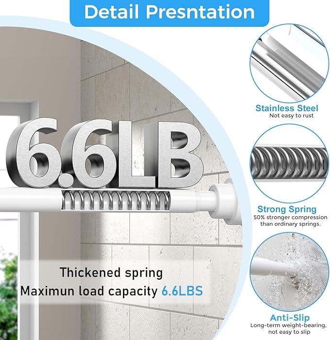 Shower Curtain Rod 31-76 Inch,0.87"Diameter Adjustable Spring Tension Curtain Rods No Drill,Ivory White Shower Tension Rod for Bathroom,Room Divider,Window,Anti-Rust Non-Slip 2-Pack