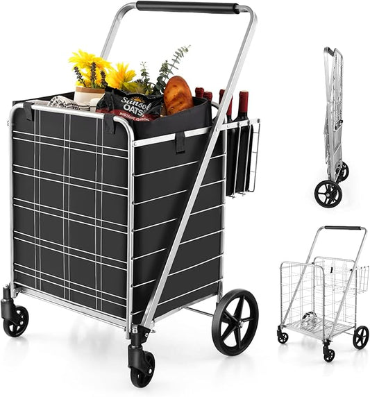 Goplus Shopping Cart for Groceries, Jumbo Upgraded Folding Grocery Cart with Waterproof Liner, 330 LBS Weight Capacity, 360Â° Swivel Wheels, 33 Gal Double Basket, Heavy Duty Foldable Utility Cart