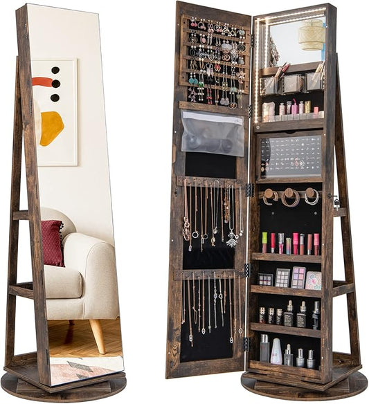 GOFLAME 360Â° Rotating Jewelry Cabinet with Full-Length Mirror, Standing Jewelry Armoire with 3-Color LED Light and Back Storage Shelf, Lockable Jewelry Organizer for Bedroom Cloakroom, Rustic Brown