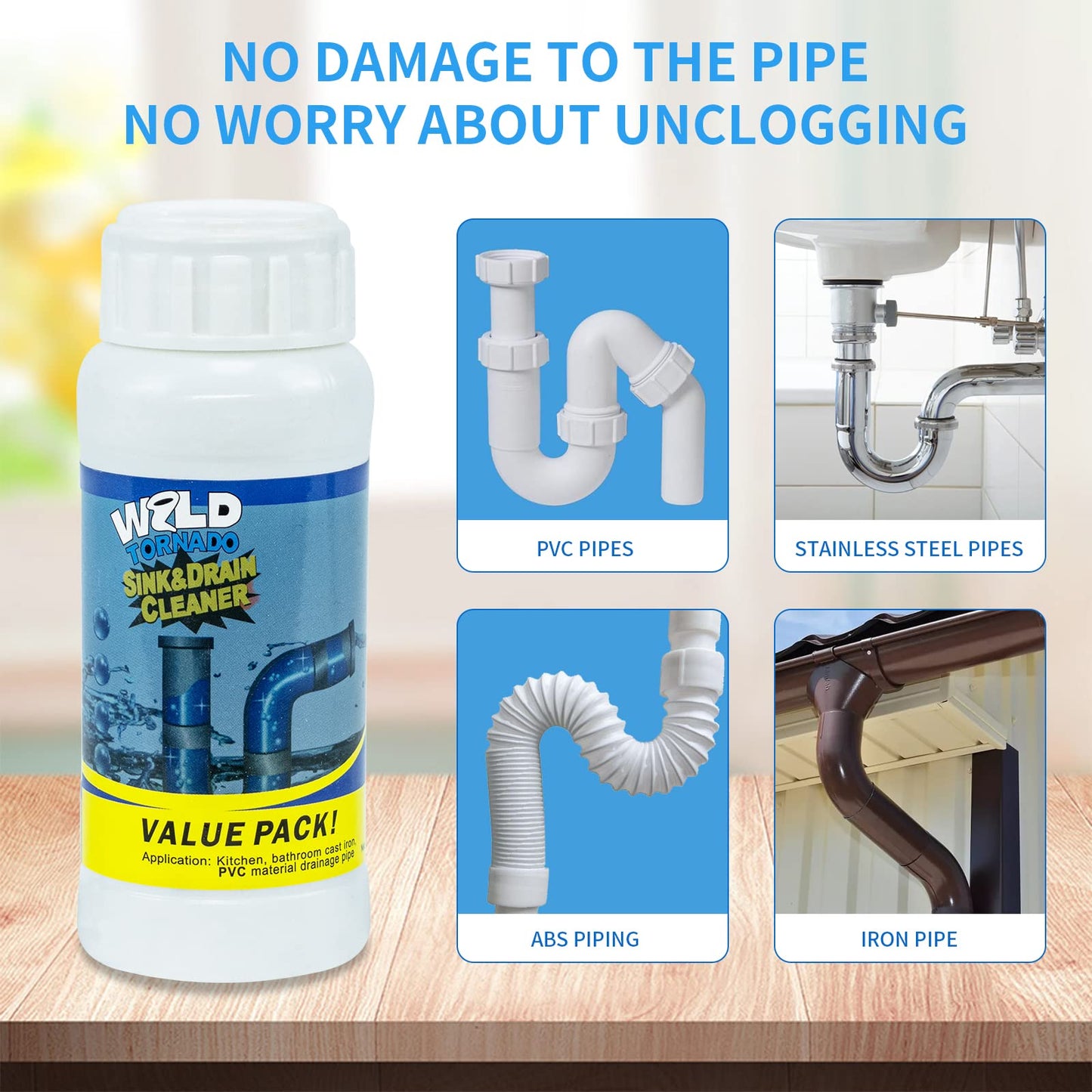 Wild Tornado Pipe Dredge,Powerful Sink Cleaner Powder Fast Foaming for Kitchen Toilet Pipeline Quick Cleaning Tool（4pcs）