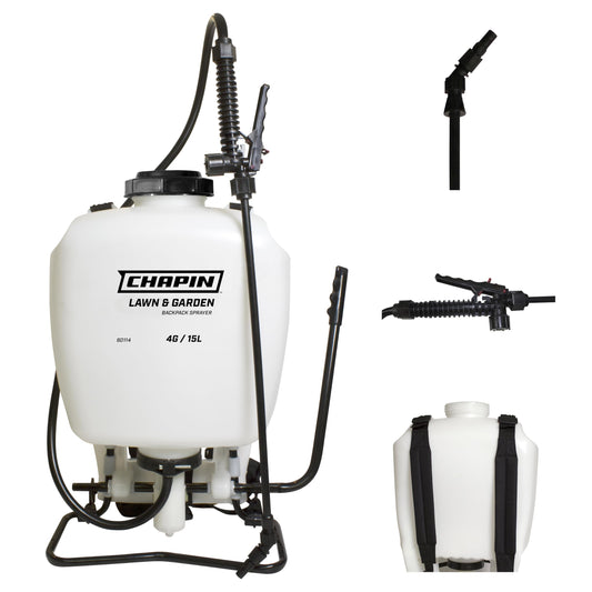 Chapin 60114 Backpack Sprayer, 4âGallon Pump Sprayer, Translucent Poly Tank, 3âStage Filtration, Adjustable Poly Cone Nozzle & 20" Wand for Lawn & Garden Weed, Pest & Fertilizer Applications