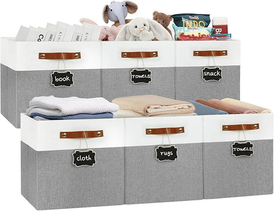 13x13 Storage Cubes 6-Pack, Large Foldable Fabric Cube Storage Bin with Reinforced Bottom and Labels, Organizer Baskets for Shelves, Closets(White/Gray)