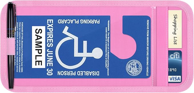 Handicap Placard Holder for Auto, Wisdompro Disabled Parking Permit Sign Protector for Car Sun Visor with Note Paper Slot, Pen Holder and Elastic Strap - Pink