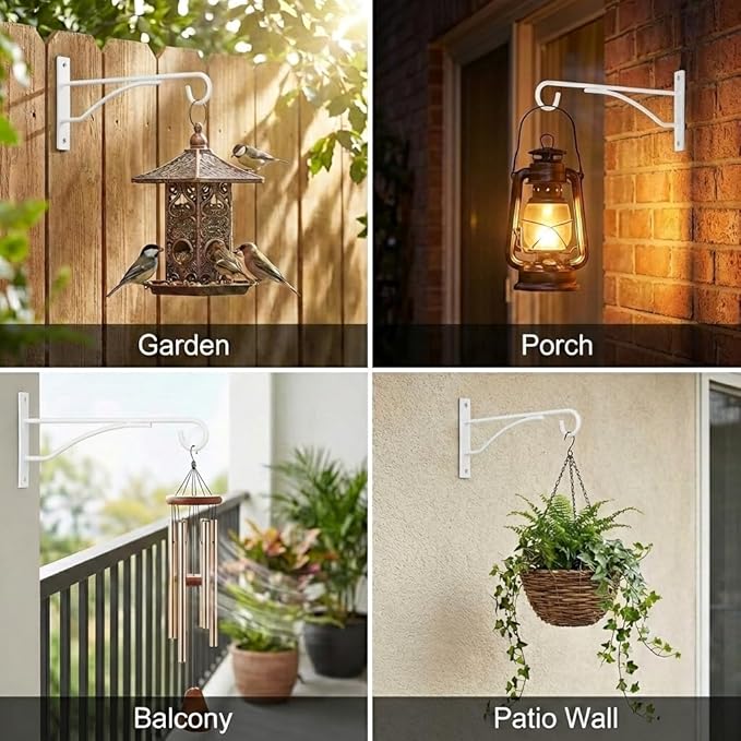 Eyrosa 8" Plant Hangers 6 Pack, Hanging Plant Bracket for Wall Fence Porch Outdoor Indoor, Metal Plant Hooks for Basket, Flower, Planter, Feeder, Lantern, Wind Chime, White