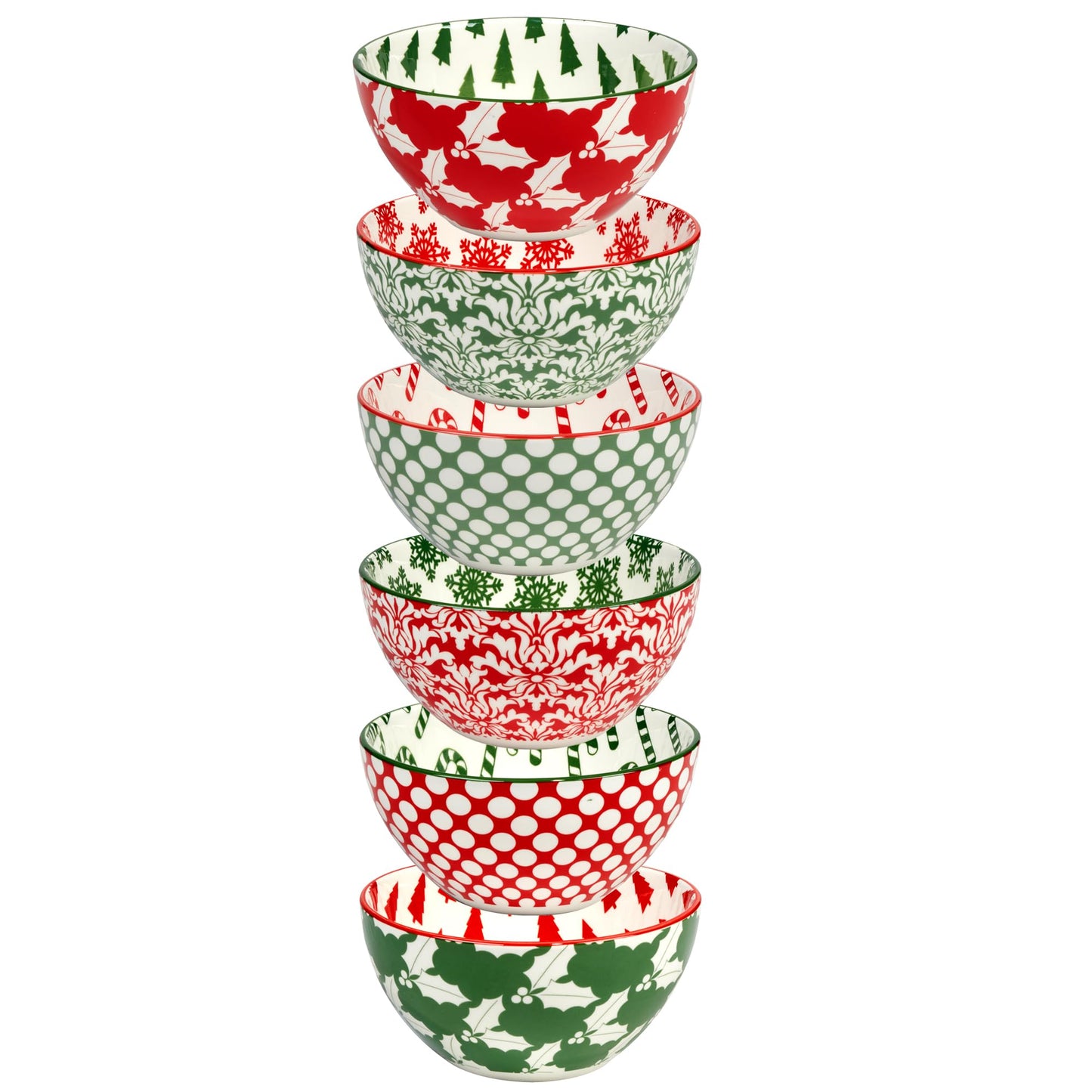 Winter Medley 13 oz All Purpose Bowls â Set of 6 Porcelain Holiday Serving Bowls for Ice Cream, Snacks, or Sides â Festive Assorted Designs for Christmas Entertaining