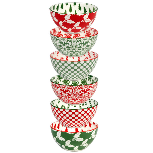 Winter Medley 13 oz All Purpose Bowls â Set of 6 Porcelain Holiday Serving Bowls for Ice Cream, Snacks, or Sides â Festive Assorted Designs for Christmas Entertaining