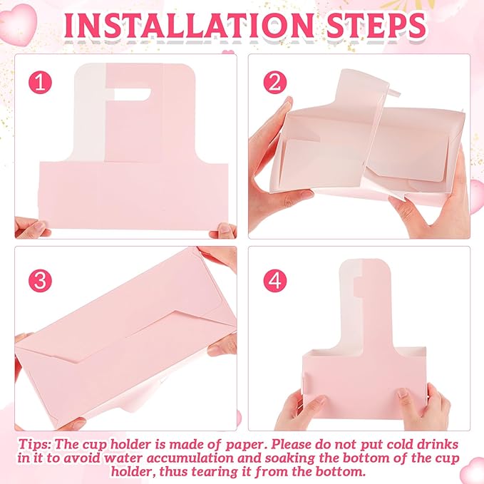 MotiMind 100 Pack Mother's Day 2 Cup Drink Carrier with Handle, Kraft Paperboard Teacher Cup Holder Portable for Hot Cold Drinks, Coffee Carrier Gift with Heart Card Rope (Pink)
