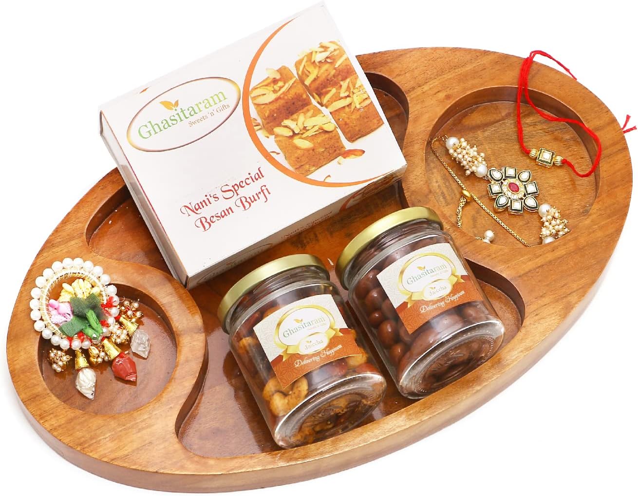 Ghasitaram Gifts Rakhi Gifts for Brothers Chip n Dip Platter with Besan Barfi, Dryfruits, Roli Chawal Thali and Bhaiya Bhabhi Rakhis