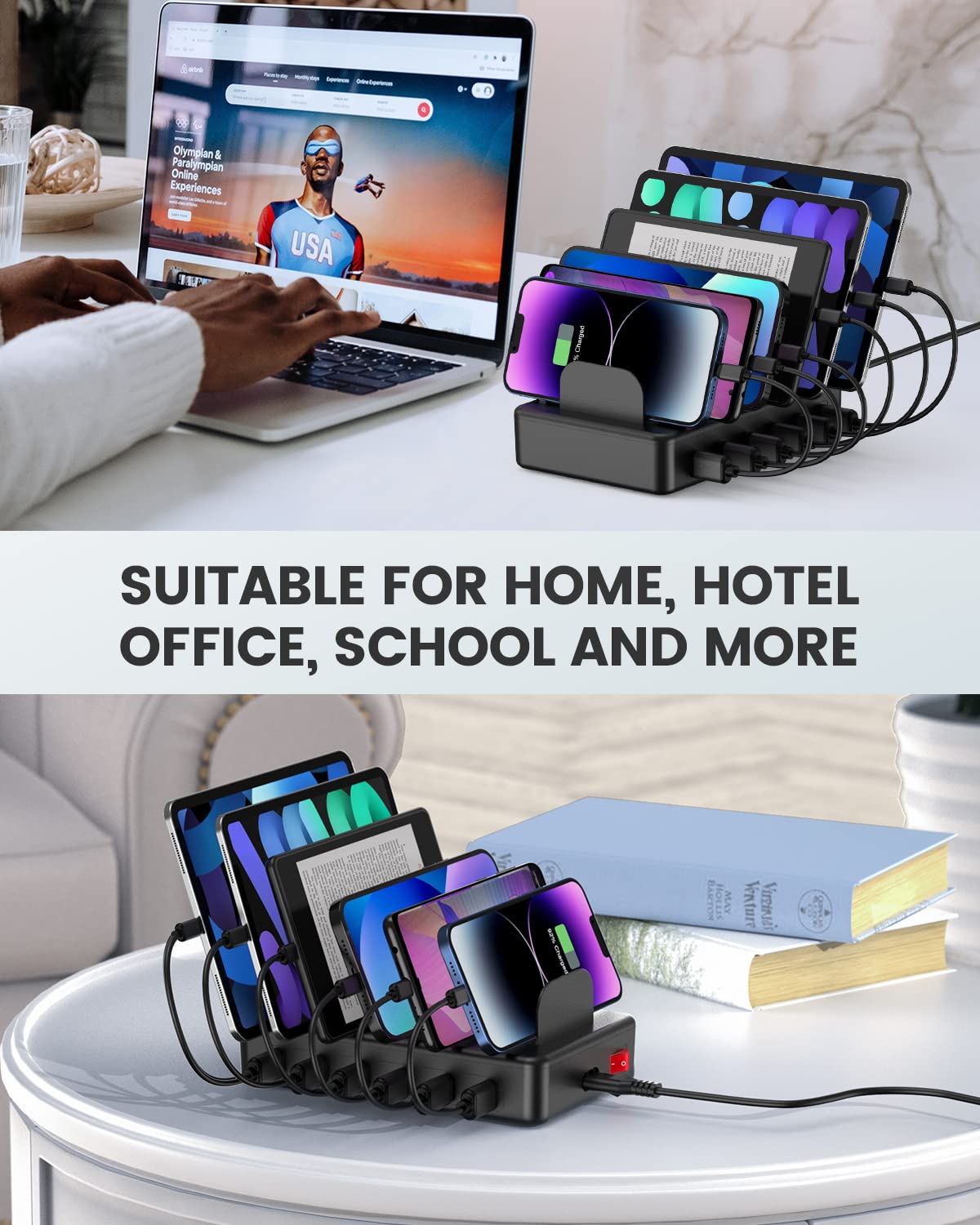 CREATIVE DESIGN 50W 6 Ports Multi Charger Station with 6 Charging Cables, USB Charging Dock for Multiple Devices, Compatible with Cellphone iPad Kindle Tablet and Other Electronic Devices