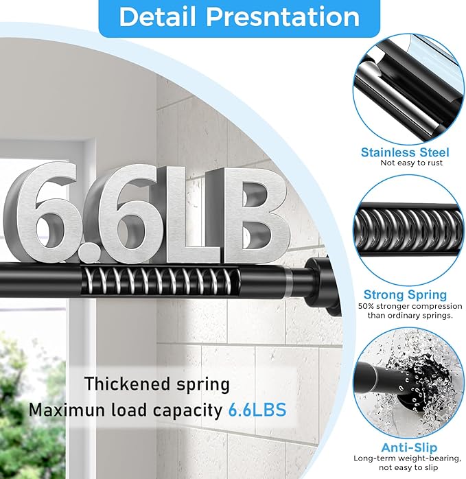Shower Curtain Rod 31-76 Inch,0.87"Diameter Adjustable Spring Tension Curtain Rods No Drill,Matte Black Shower Tension Rod for Bathroom,Room Divider,Window,Anti-Rust Non-Slip 2-Pack