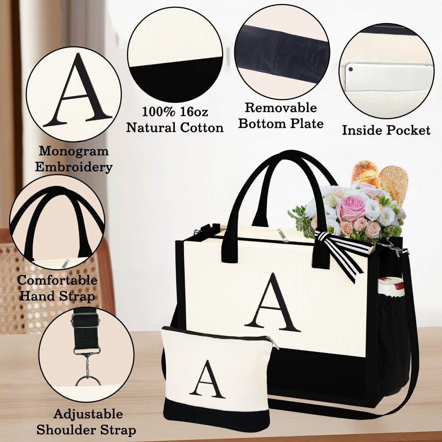 YOOLIFE Personalized Birthday & Mothers Day Gifts For Mom Friends Female Teacher Graduation Bridal Shower Bridesmaids Proposal Gifts Travel Beach Initial Tote Bag for Women J