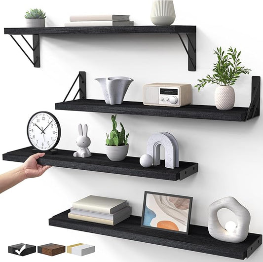 BAYKA Wall Mounted Floating Shelves, Wood Floating Wall Shelf for Books & Decor, Small Space-Saving Display & Organizerï¼Blackï¼23inï¼Set of 4ï¼