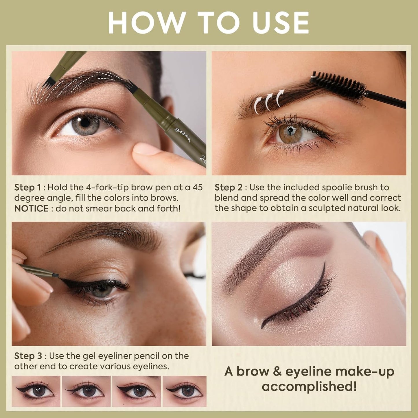 UCANBE Eyebrow Pencils for Women with Spoolie Brush, Dual-Ended Eyebrow Pen with 4-Fork-Tip & Gel Eyeliner, Microblading Brow Pen with Eyeliner Pencil + Brow Brush for Hair Like Brows, Classic Brown
