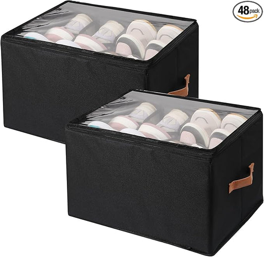Shoe Organizer for Closet 2 PCS Foldable Shoe Storage Organizer with Clear Cover, Fits up to12 pairs Shoes Organizer Box Bin With Bottom Support (black)