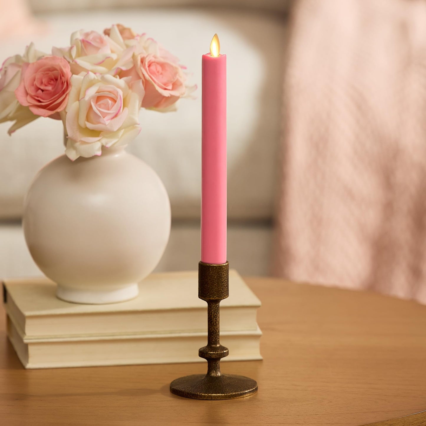 Luminara Flameless Candle Taper (1" x 9.5") Melted Top Real Wax Unscented Remote Ready Timer (Sweet Pink)