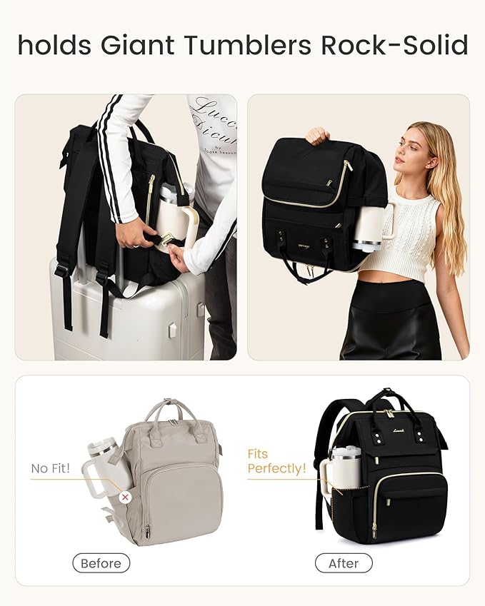 LOVEVOOK Laptop Backpack for Women with Giant Tumbler Holder Pocket,15.6 inch Waterproof Travel Backpack Purse Computer Laptop Bag,Professional Work College Nurse Teacher Backpack Daypack,Dark Grey