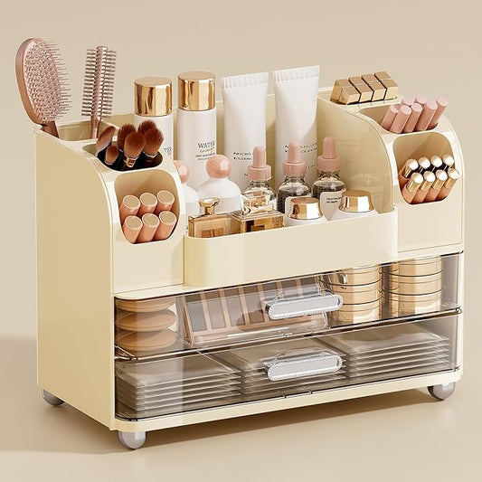 Makeup Organizer for Vanity with 2 Large Drawers, Cosmetic Display Case with Brush Holders, Easy to Storage for Bathroom Countertop Skincare, Desk Office Supplies, Cream White