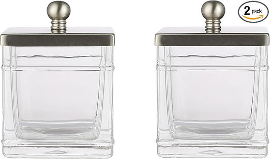 Glass Cotton Jar Holder 2 Packâ Satin Nickel Lid, Elegant Bathroom Storage Canister for Qtips, Cotton Balls, Floss, Makeup Organizer, Vanity & Bathroom Organization