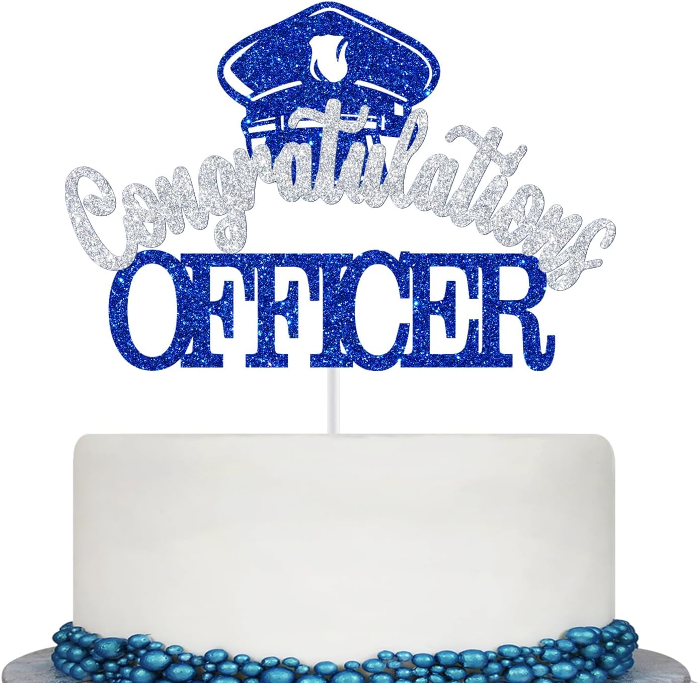 Congratulations Officer Cake Topper, Police Officer Graduation Decorations, Congrats Police Officer, Police Academy Graduation Party Decorations (Blue and Silver Glitter)