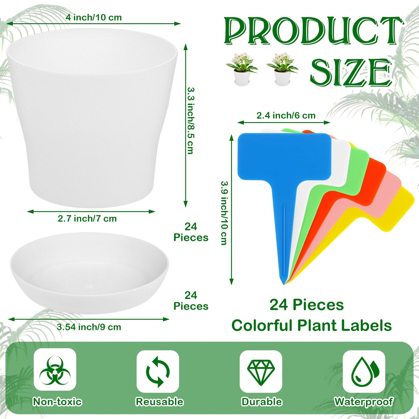 Aodaer 24 Pack 4 Inch Plastic Planters with Multiple Drainage Holes and Tray Indoor Outdoor Flower Plant Nursery Pots with Labels Flower Seedling Pots for Herb Garden Home Succulents, White