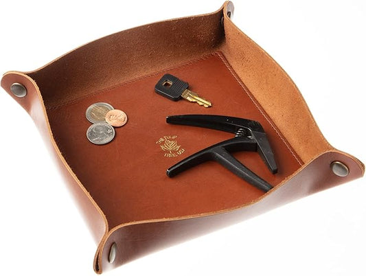 USA Handmade Premium Leather Valet Tray, Folds Flat! Dice Rolling Basket and Organizer with Brass Snaps (Old English Chestnut, Large)