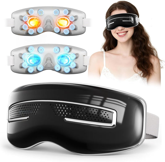 Eye Massager with Heat and Cooling, Integrated Smart Sleep Mask with Nose Rest and Soft Silicone Massage Head, 4 Massage Modes for Migraines, Dry Eye, Dark Circles,Bluetooth Music, Gift for Mother
