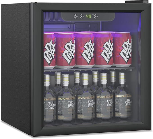 Compact Beverage Refrigerator,60 Can/1.3 Cubic Feet Fridge with Glass Front Door for Soda, Beer or Wine, Under Counter Small Refrigerator with Adjustable Shelve & Digital Display