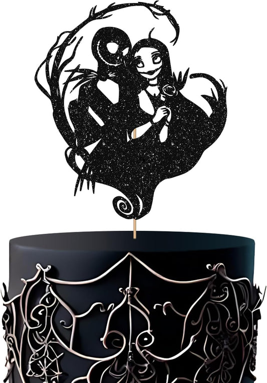 Skull Couple Cake Topper, Gothic Wedding Cake Decor, Black Glitter Till Death Cake Topper, Halloween Theme Bridal Shower/Bachelorette Party Decoration