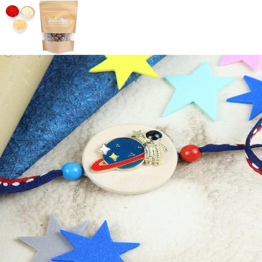 Ghasitaram Gifts Jaiccha Rakhi for Brother Rakhis Online KR24-040- Metal Space Kids Rakhi with Chocolate Coated Almonds 100 gms