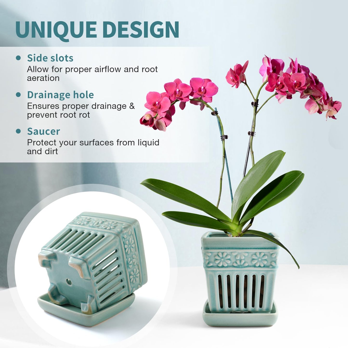 SUADEN Orchid Pots with Holes | 5" Ceramic Orchid Planter with Separate Saucer and Drainage Holes | Crackle Glazed Pottery Small Flower Pot for Repotting Orchids（Blue）"