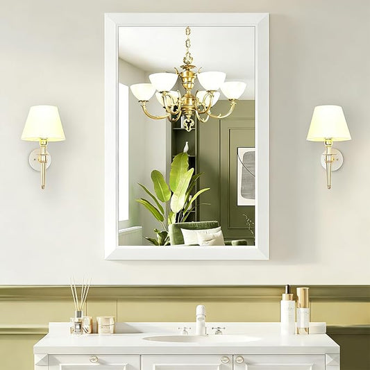 Bathroom Mirror for Over Sink,24x36Inch White Thick Anti-Rust Metal Frame, Rectangle Decorative Wall Mirror with HD Tempered Glass, Horizontal or Vertical Mount for Vanity, Bathroom,Living Room