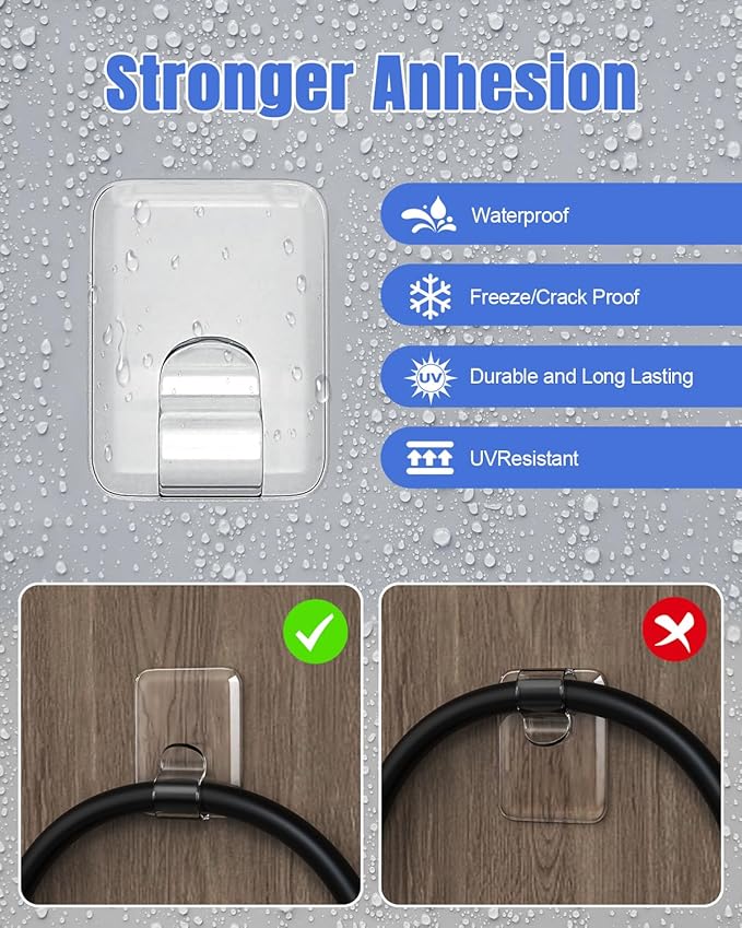 LZC Hooks for Outdoor String Lights Clips: 20 Pack Large Clear Rectangle Outdoor Light Clips Waterproof Adhesive Strips - Heavy Duty Outside Hanging Cable Rope Light Holders Organizer