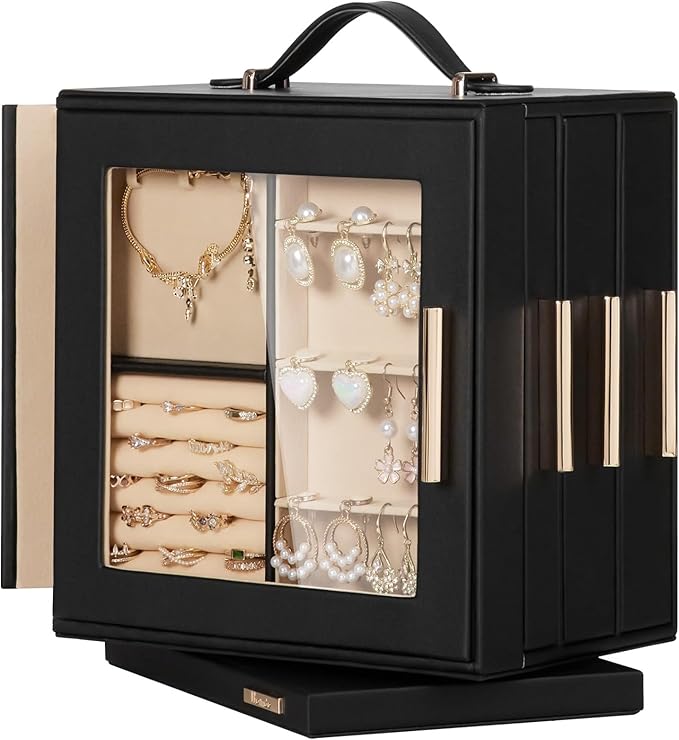 Homde Valentine's Day gifts Jewelry Box 360Â° Rotating, Necklace Earring Organizer with Transparent Window, Mirror, 7 Drawers, Large Ring Display Storage Case for Girls Women (Black)