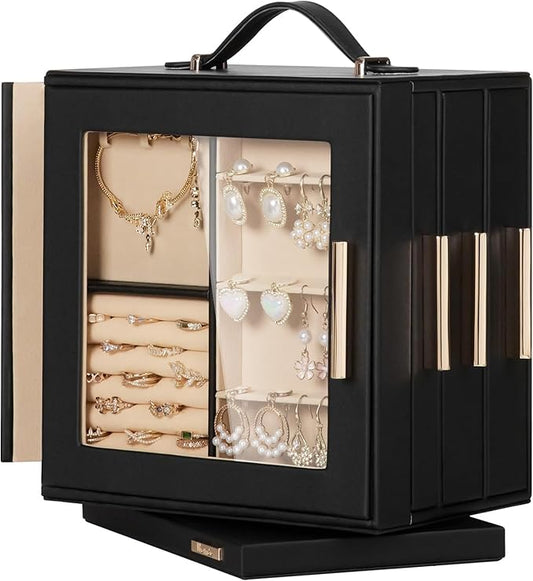 Homde Valentine's Day gifts Jewelry Box 360Â° Rotating, Necklace Earring Organizer with Transparent Window, Mirror, 7 Drawers, Large Ring Display Storage Case for Girls Women (Black)