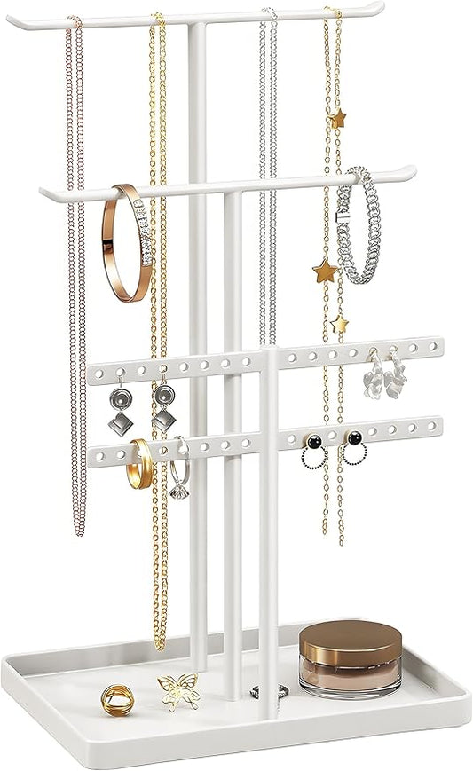 pickpiff Jewelry Stand Organizer, 14.5" Tall Sturdy Metal, 3-TierJewelry Holder for Necklace, Earring, Bracelet, Ring, Hanger for Display and Storage, Aesthetic Room Decor, White