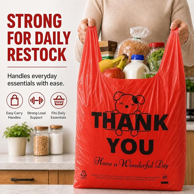 YoYoRain Red Thank you T shirt bag, Grocery shopping bag Reusable and Disposable Supermarket Bag 11''x6''x21'' 100PCS